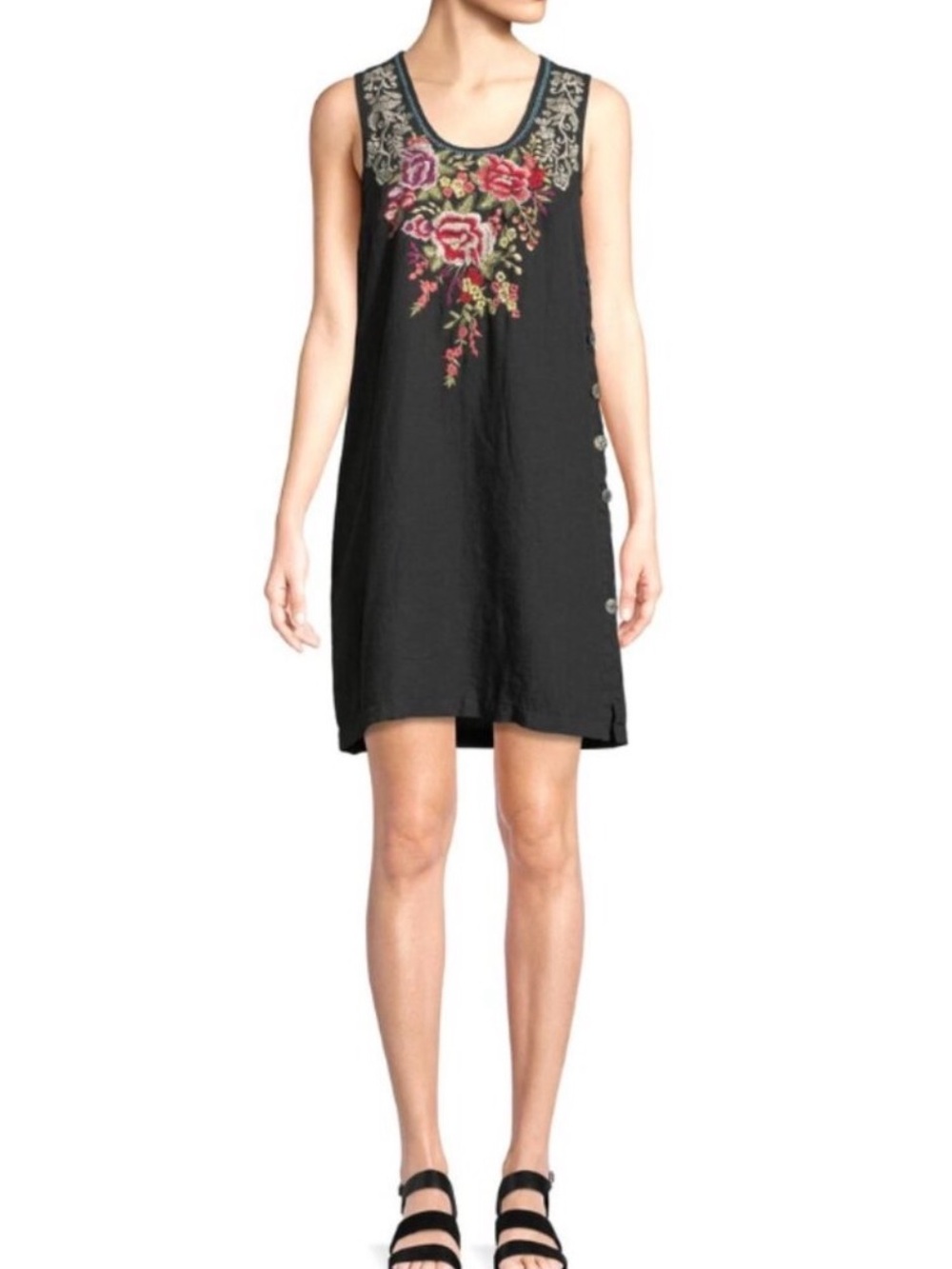 Johnny Was Los Angeles 100% Linen Floral Embroidered Sleeveless Dress XXL Black - Picture 9 of 9